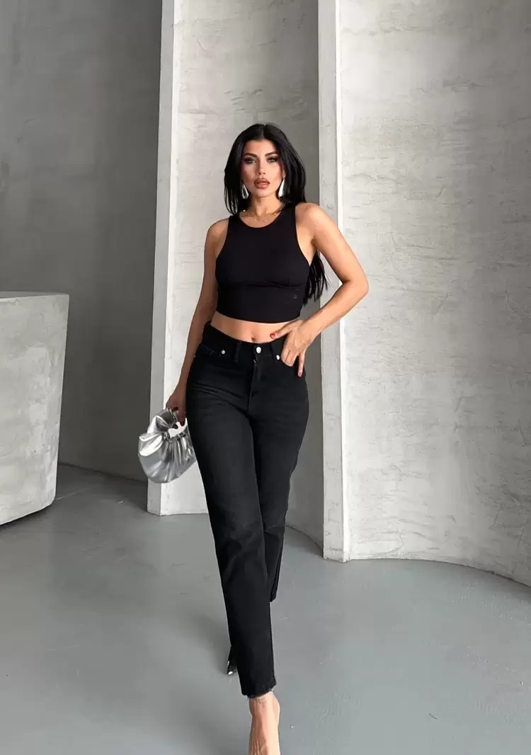 Mom fit enzim bıyıklı taş yıkama jeans pantolon siyah d2006