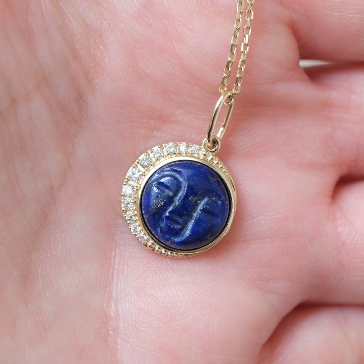 8 Ayar Altın Ay Yüzlü Lapis Lazuli ve Pırlanta Taşlı Kolye – Luna Kiss Koleksiyonu