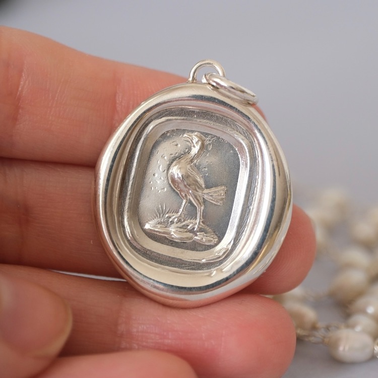 Victorian Fob Mühürden Kuş Motifli Gümüş Kolye