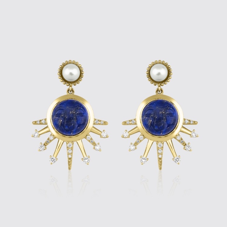 8 Ayar Altın Ay Yüzlü Lapis Lazuli, Pırlanta ve İnci Detaylı Küpe - Luna Kiss Koleksiyonu