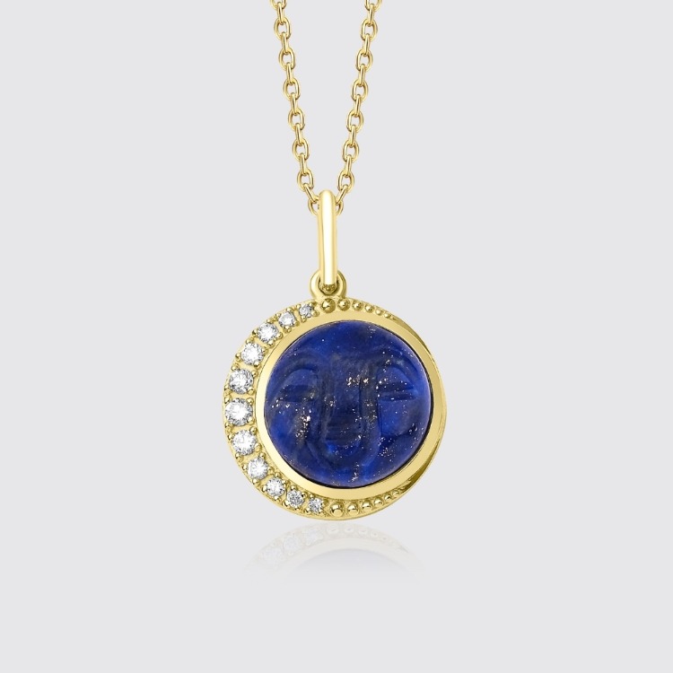 8 Ayar Altın Ay Yüzlü Lapis Lazuli ve Pırlanta Taşlı Kolye – Luna Kiss Koleksiyonu