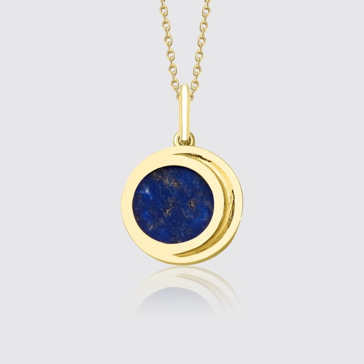 8 Ayar Altın Ay Yüzlü Lapis Lazuli ve Pırlanta Taşlı Kolye – Luna Kiss Koleksiyonu