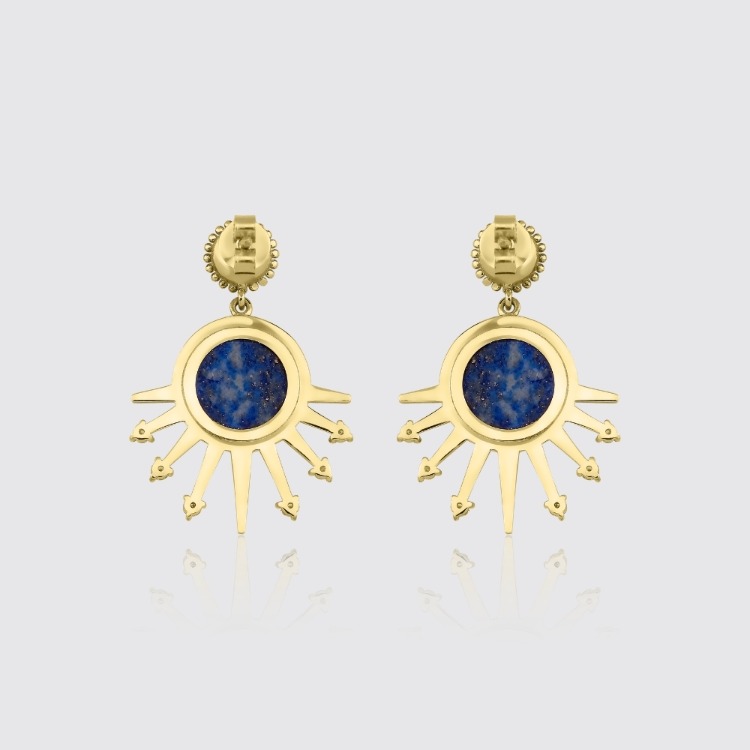 8 Ayar Altın Ay Yüzlü Lapis Lazuli, Pırlanta ve İnci Detaylı Küpe - Luna Kiss Koleksiyonu