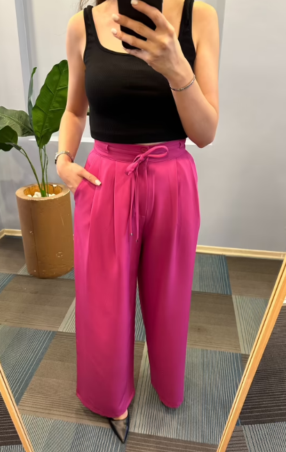 Yüksek Bel Kordon Detaylı Pantolon - Pembe