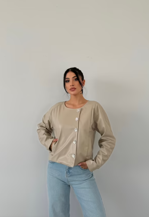 Bej Çift Göğüslü Deri Ceket