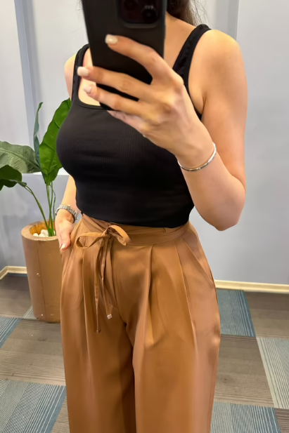 Yüksek Bel Kordon Detaylı Pantolon - Kahverengi