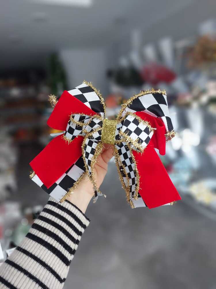 Damalı Fiyonk 20 cm Damalı ve Kırmızı Kadife
