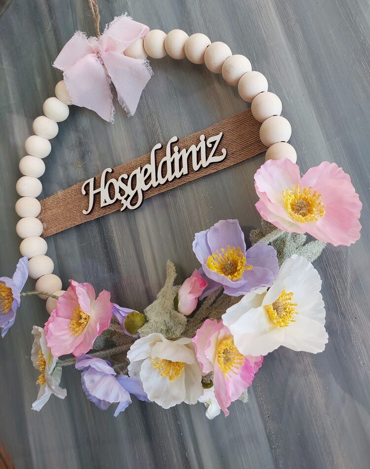 Rosary Kapı Süsü  Gelincik Temalı Ahşap Boncuklu 30 cm
