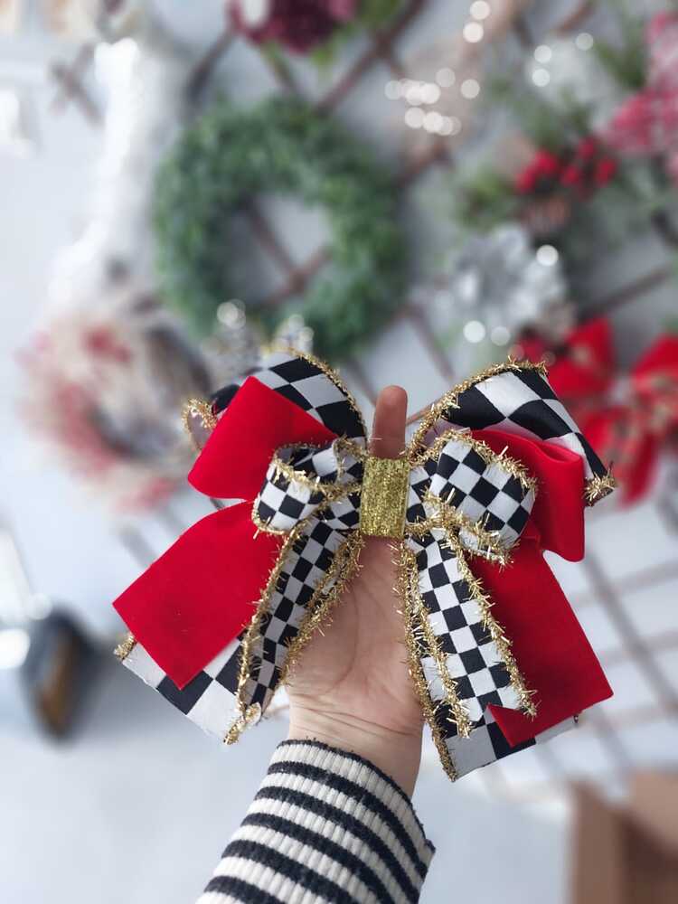 Damalı Fiyonk 20 cm Damalı ve Kırmızı Kadife