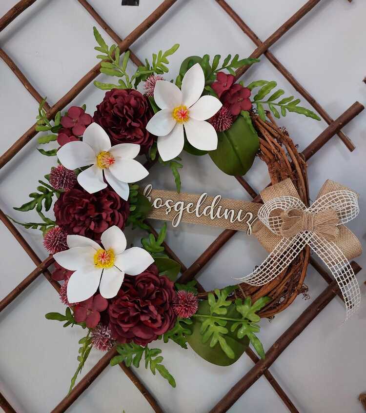 Bordo Şakayık Manolya Temalı Kapı Süsü 30 cm