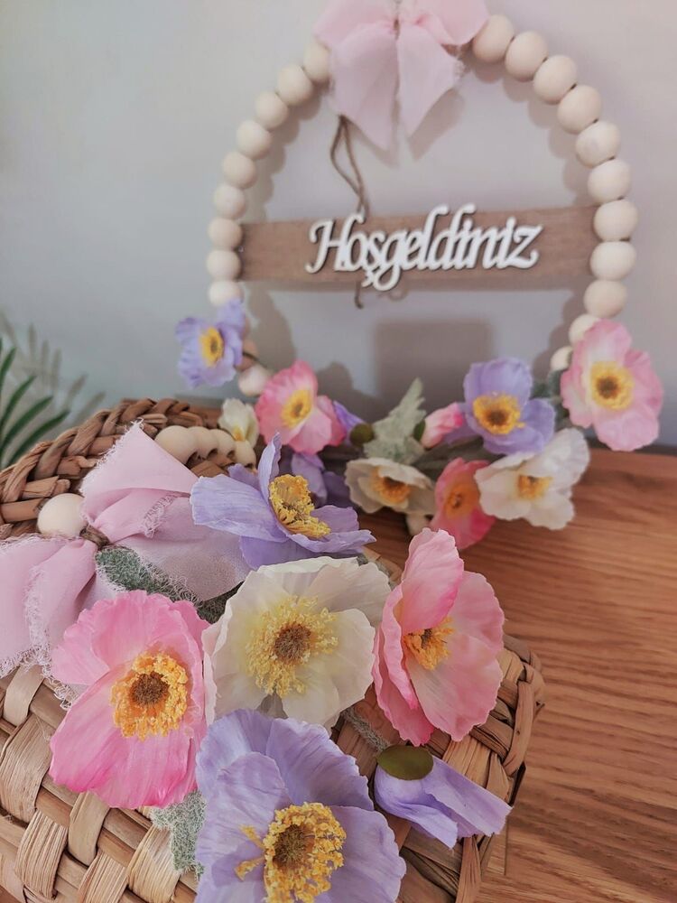 Rosary Gelincikli Set, Kapı  Süsü ve Sepet, Çelenk, Gelincik