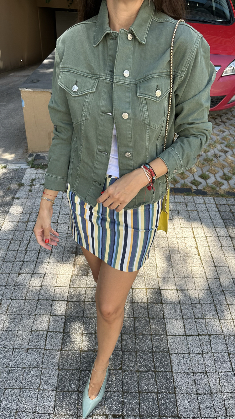 Cizgili İnce Denim Etek