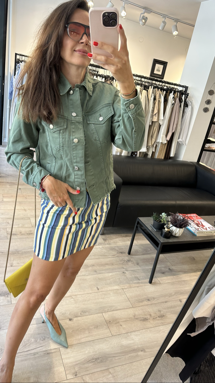 Cizgili İnce Denim Etek