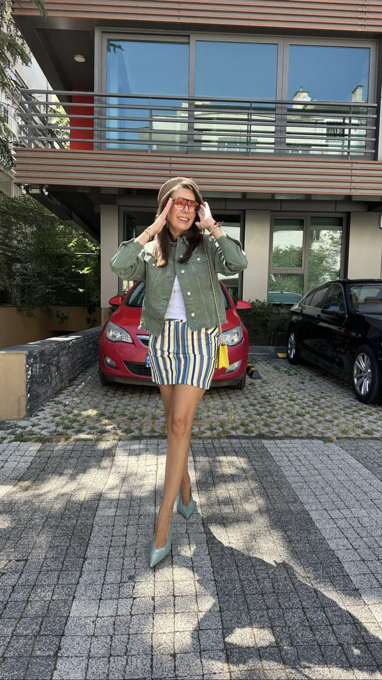 Cizgili İnce Denim Etek