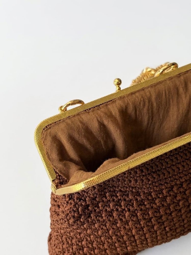 Loop Tasarım El Örgüsü Gül Motifli ve Altın Zincirli Portföy/Omuz Çantası - Kahverengi