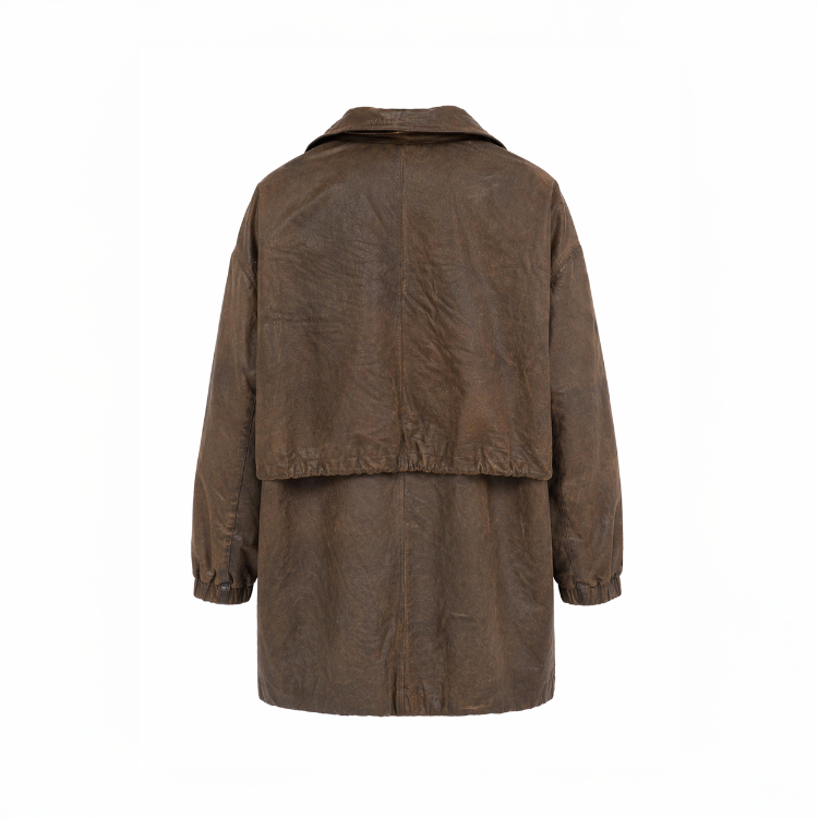 Vintage L-XL Eskitme Kahverengi Deri Parka / Mont - Büzgü Detaylı