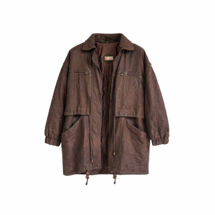 Vintage L-XL Eskitme Kahverengi Deri Parka / Mont - Büzgü Detaylı