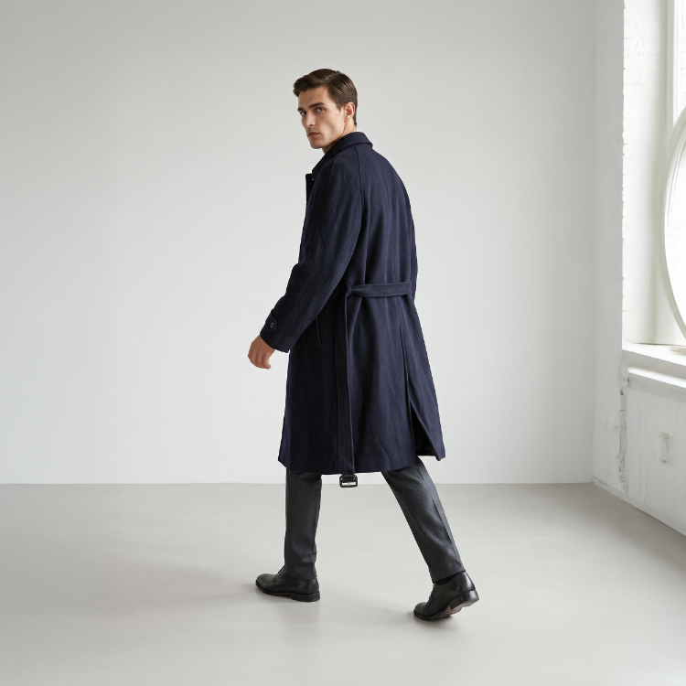 Vintage Lacivert Uzun Yün Kaban – Klasik & Minimal Stil