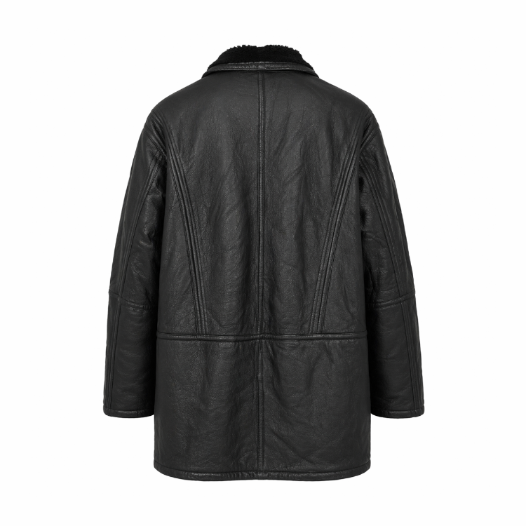 Vintage Siyah Deri Shearling Mont - Kürklü İçi L-XL Oversize Uyum