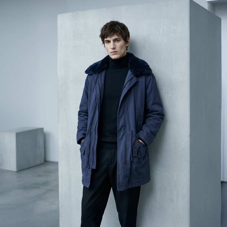 Vintage Kapüşonlu Kürk Yakalı Parka – Lacivert