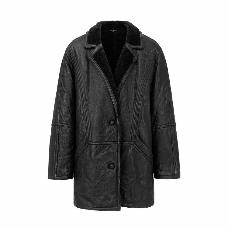 Vintage Siyah Deri Shearling Mont - Kürklü İçi L-XL Oversize Uyum