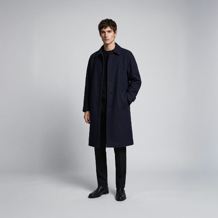 Vintage Lacivert Uzun Yün Kaban – Klasik & Minimal Stil