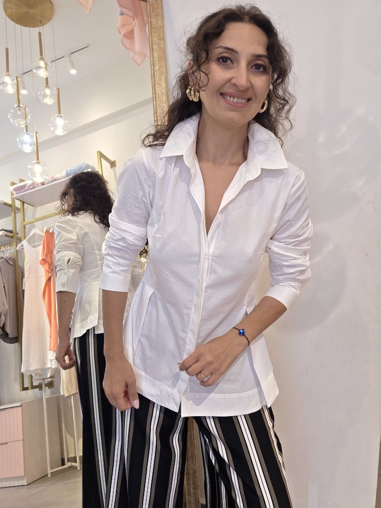 Kadın, Peplum Bel Detaylı, Pamuk Kumaş, Beyaz Gömlek