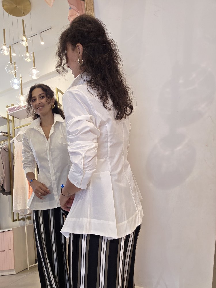 Kadın, Peplum Bel Detaylı, Pamuk Kumaş, Beyaz Gömlek
