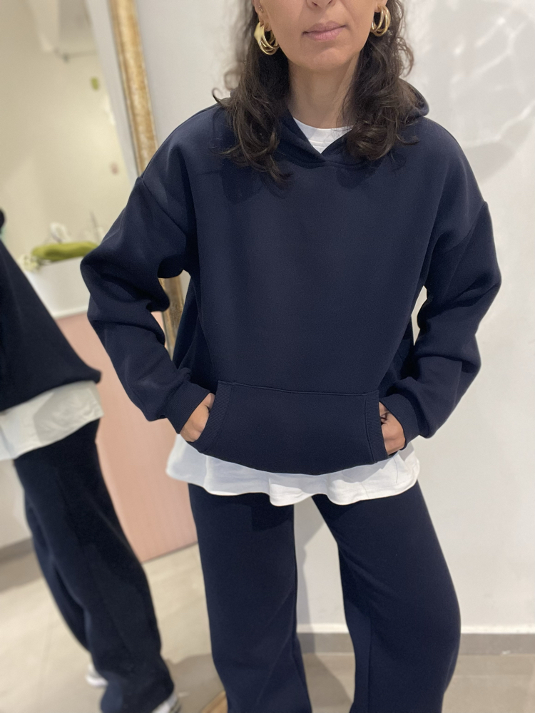 Kadın, Kapüşonlu, Kanguru Cepli, 3 İplik Şardonlu Sweatshirt Lacivert