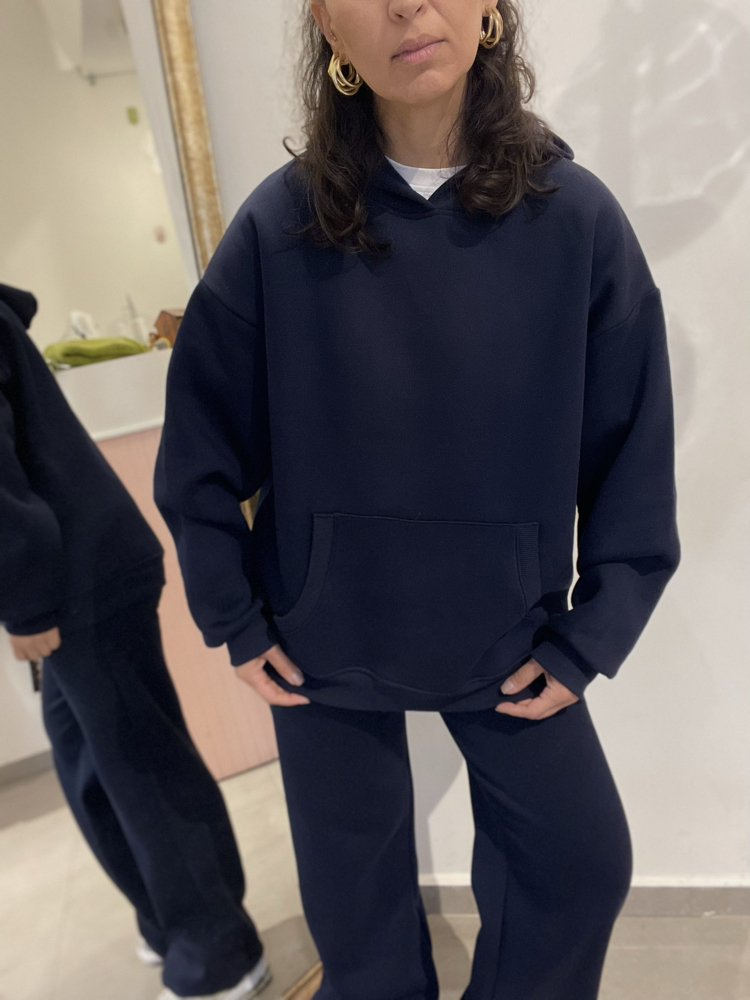 Kadın, Kapüşonlu, Kanguru Cepli, 3 İplik Şardonlu Sweatshirt Lacivert