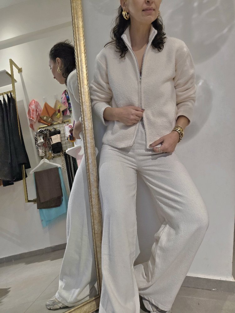 Kadın, Beli Lastikli, Palazzo Kışlık Kumaş Pantolon Ekru