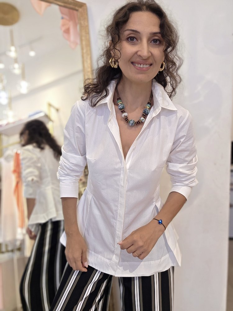 Kadın, Peplum Bel Detaylı, Pamuk Kumaş, Beyaz Gömlek