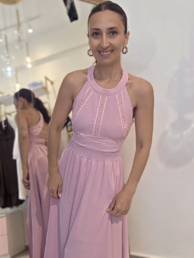 Kadın, Boyundan Düğmeli, Sırtı Lastikli ve Bağlamalı, Yırtmaçlı, Pembe Uzun Elbise
