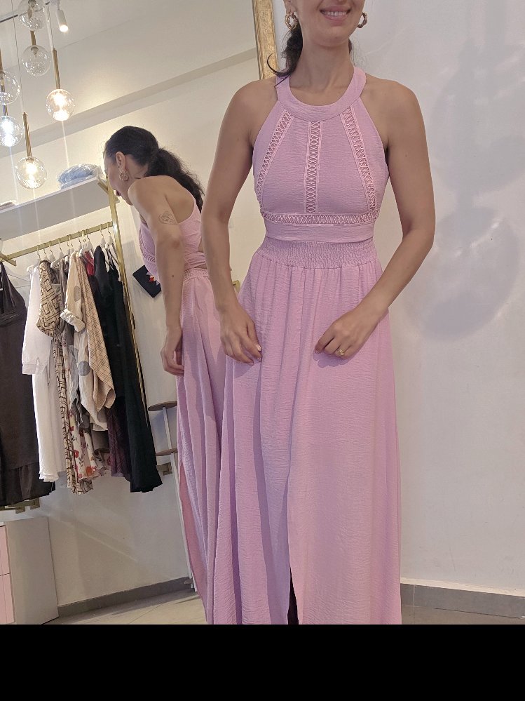 Kadın, Boyundan Düğmeli, Sırtı Lastikli ve Bağlamalı, Yırtmaçlı, Pembe Uzun Elbise