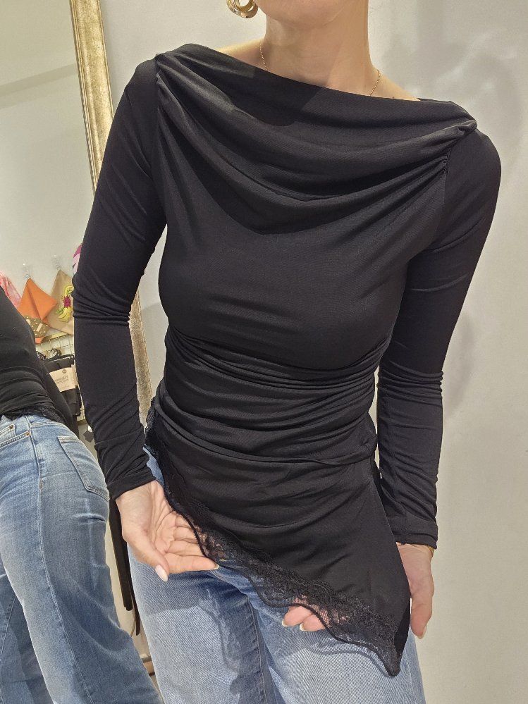 Kadın, Alternatif Yaka Kullanımlı, Asimetrik Kesim, Dantelli, Siyah Bluz