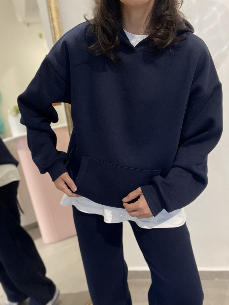 Kadın, Kapüşonlu, Kanguru Cepli, 3 İplik Şardonlu Sweatshirt Lacivert