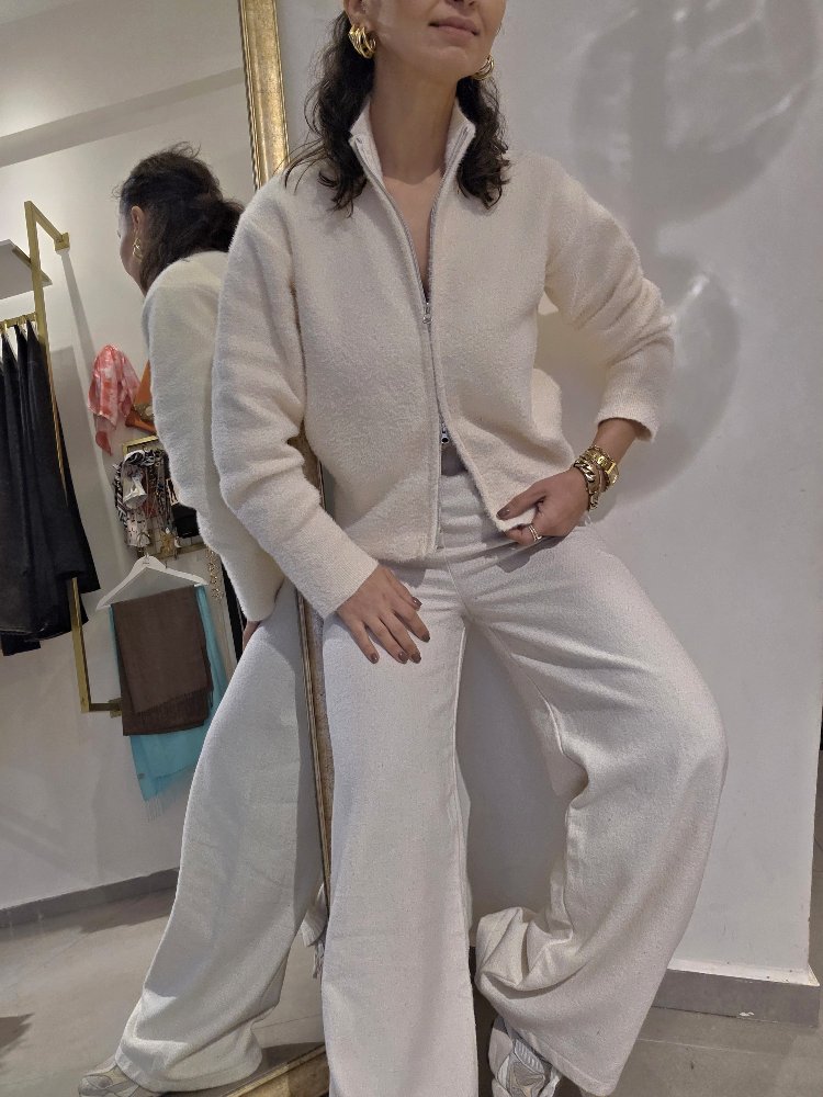 Kadın, Beli Lastikli, Palazzo Kışlık Kumaş Pantolon Ekru