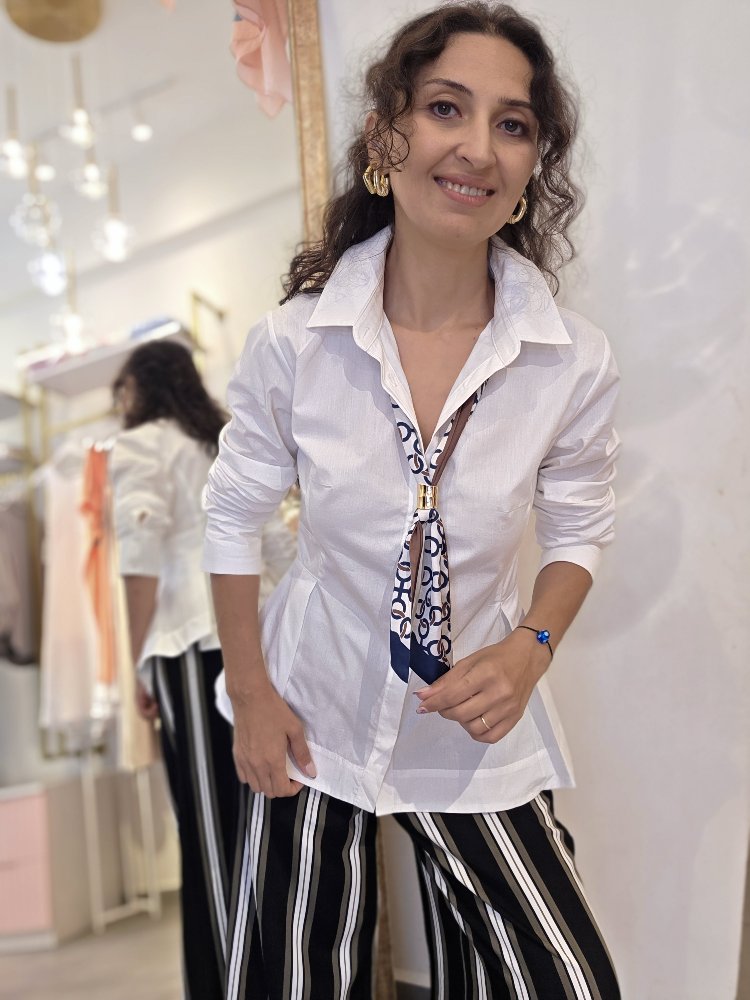 Kadın, Peplum Bel Detaylı, Pamuk Kumaş, Beyaz Gömlek