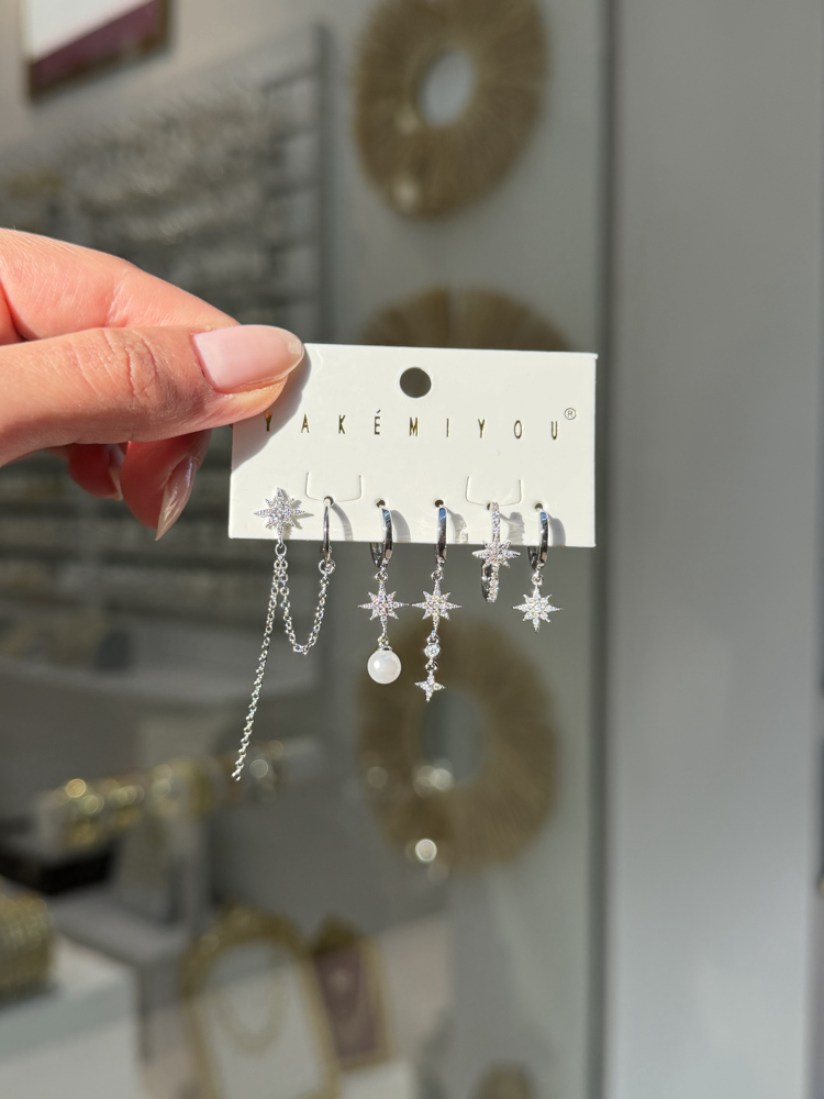 İthal 6lı Pearl PoleStar Set Küpe | Silver