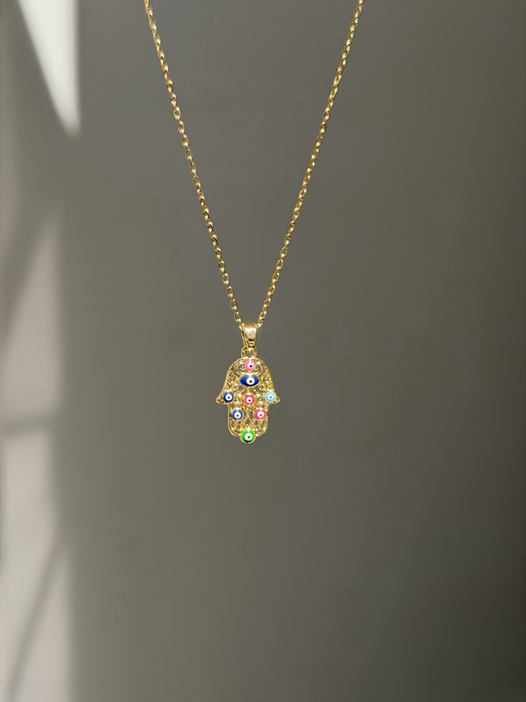 Çelik Renkli Etnik Hamsa Kolye | Gold