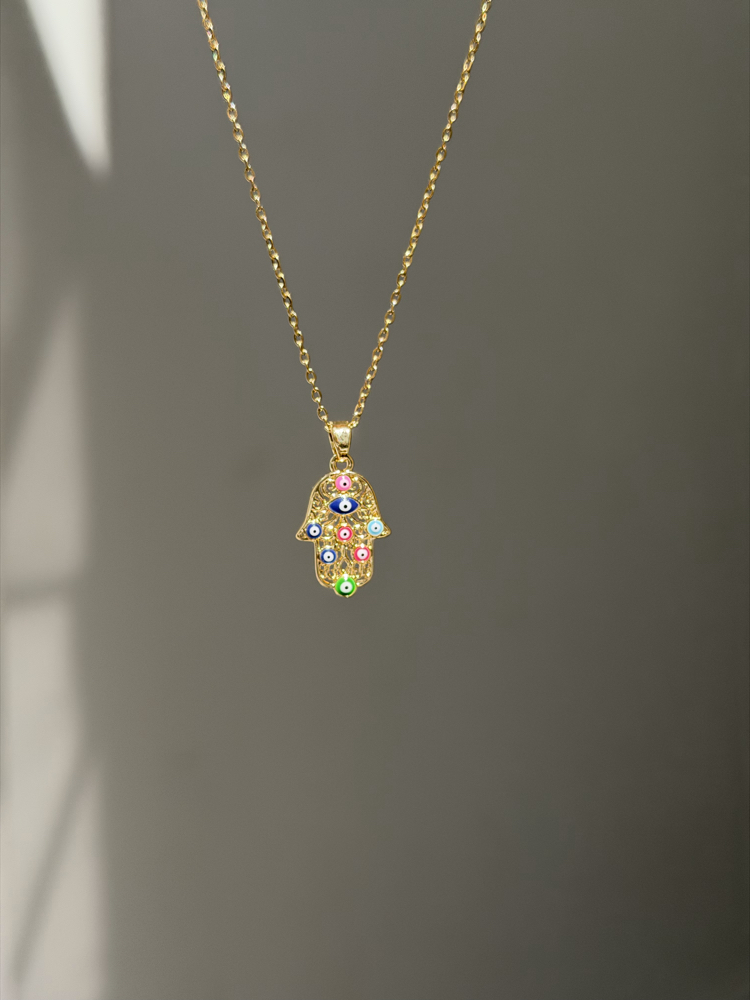 Çelik Renkli Etnik Hamsa Kolye | Gold