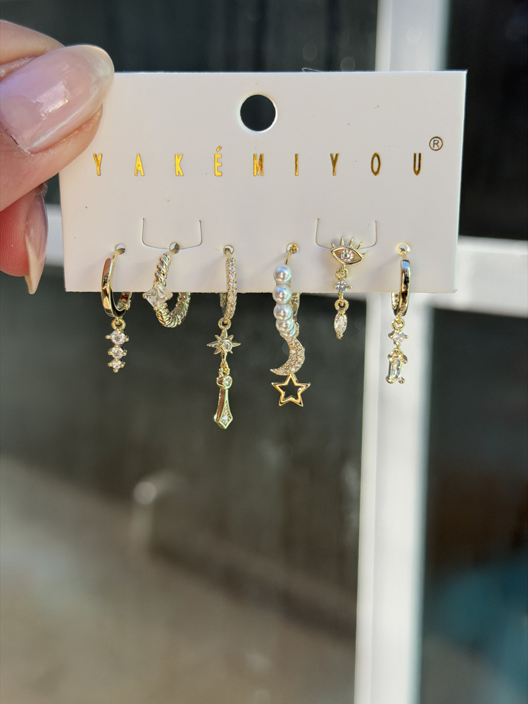 İthal 6lı Pearl Charms Set Küpe | Gold