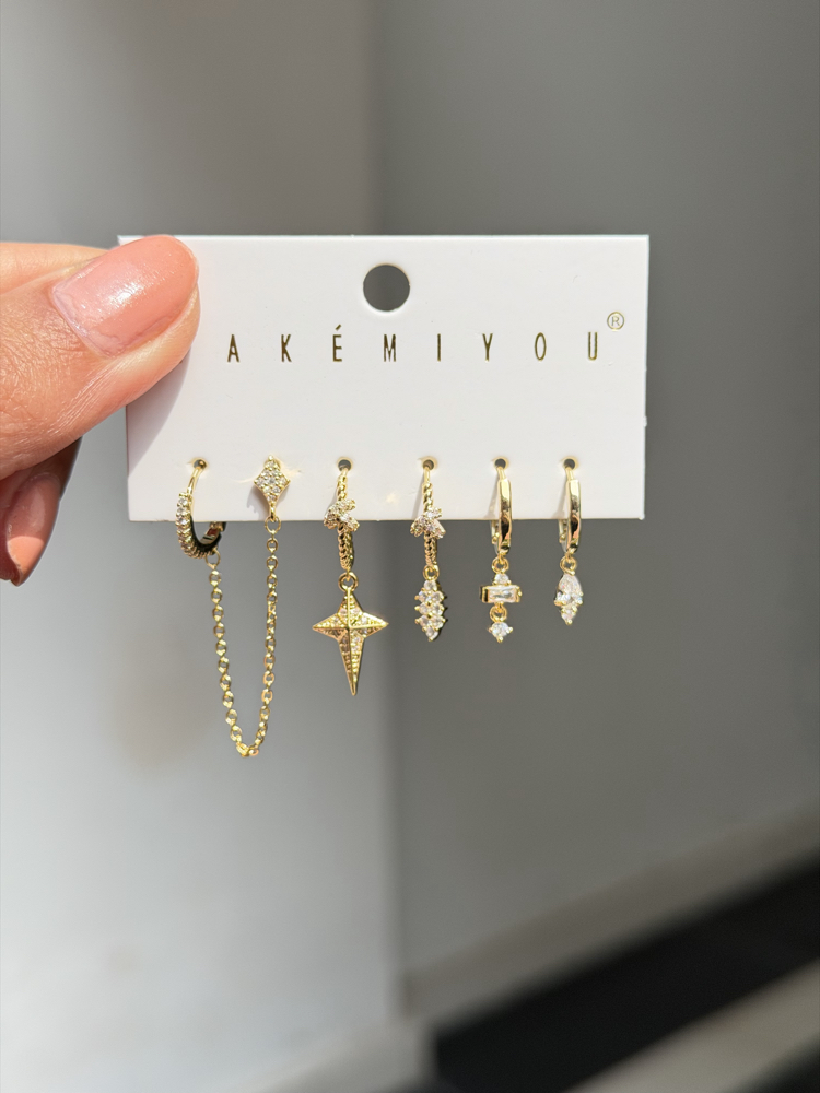 İthal 6lı Shiny Drops Star Set Küpe | Gold