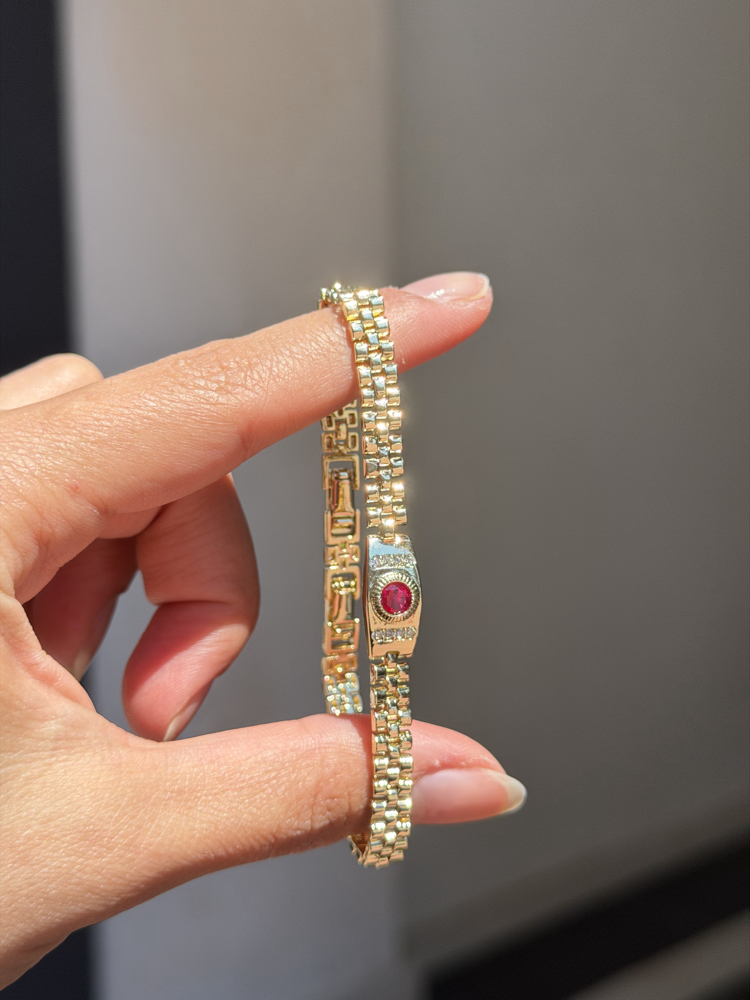 Premium Seri Vintage Hasır Kırmızı Taşlı Bileklik | 14k Gold