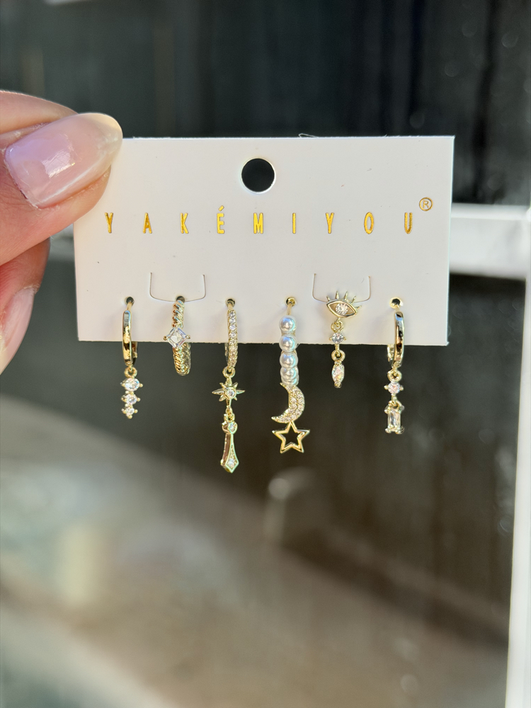 İthal 6lı Pearl Charms Set Küpe | Gold