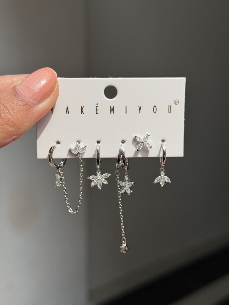 İthal 6lı Flower Shine Set Küpe | Silver
