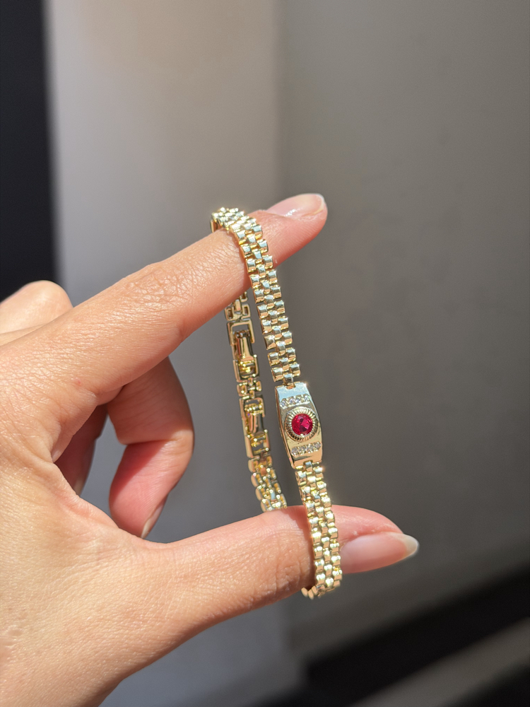 Premium Seri Vintage Hasır Kırmızı Taşlı Bileklik | 14k Gold