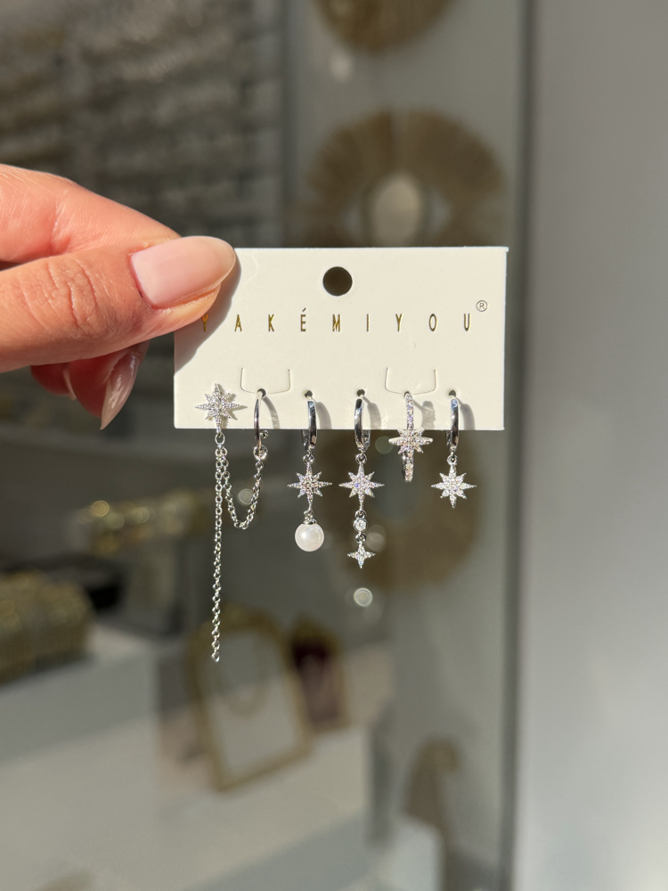 İthal 6lı Pearl PoleStar Set Küpe | Silver