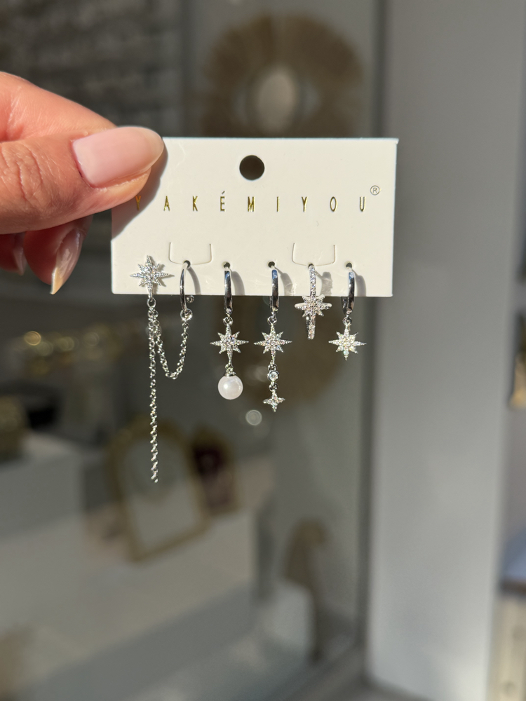 İthal 6lı Pearl PoleStar Set Küpe | Silver