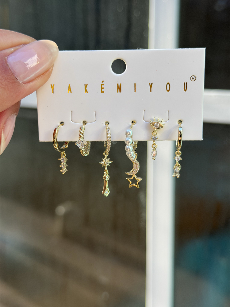 İthal 6lı Pearl Charms Set Küpe | Gold